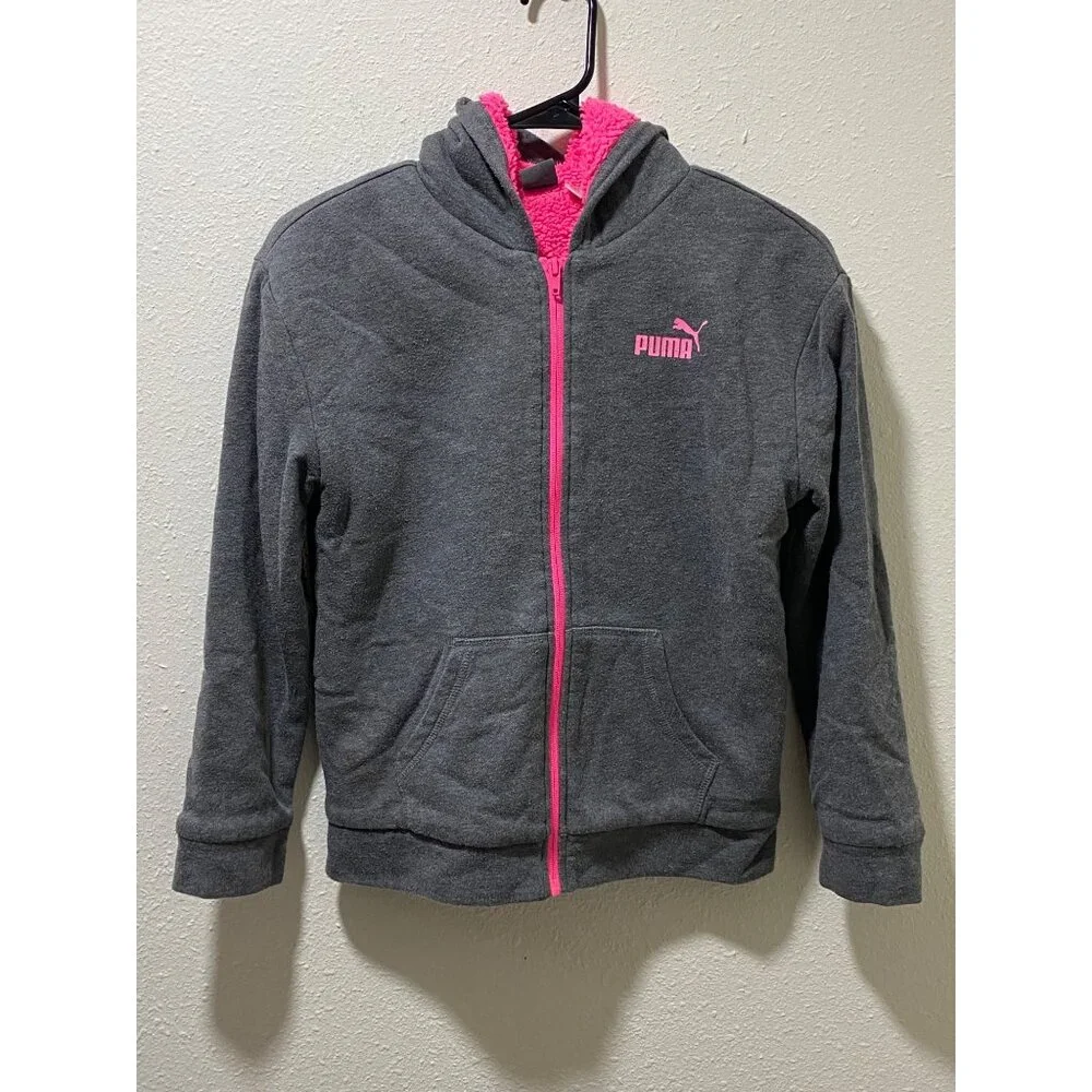 Puma Girls Gray Hoodie With Pink Logo & Sherpa Lining M (10-12) - Picture 5 of 14